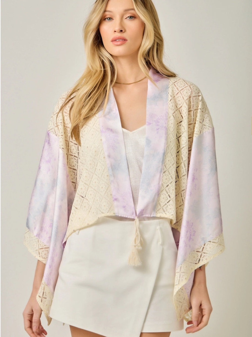Mystree Cream and Lavender Lace-Trim Open Sweater Kimono Small Medium New NWT